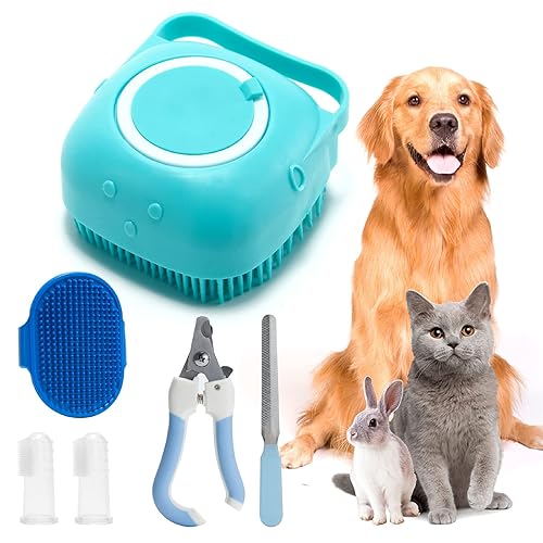 Miniatura 7 de Juego de 6 piezas de silicona para mascotas cepillo dispensador de masaje de baño, cepillo de dientes de dedos, cortaúñas y lima para perros y gatos