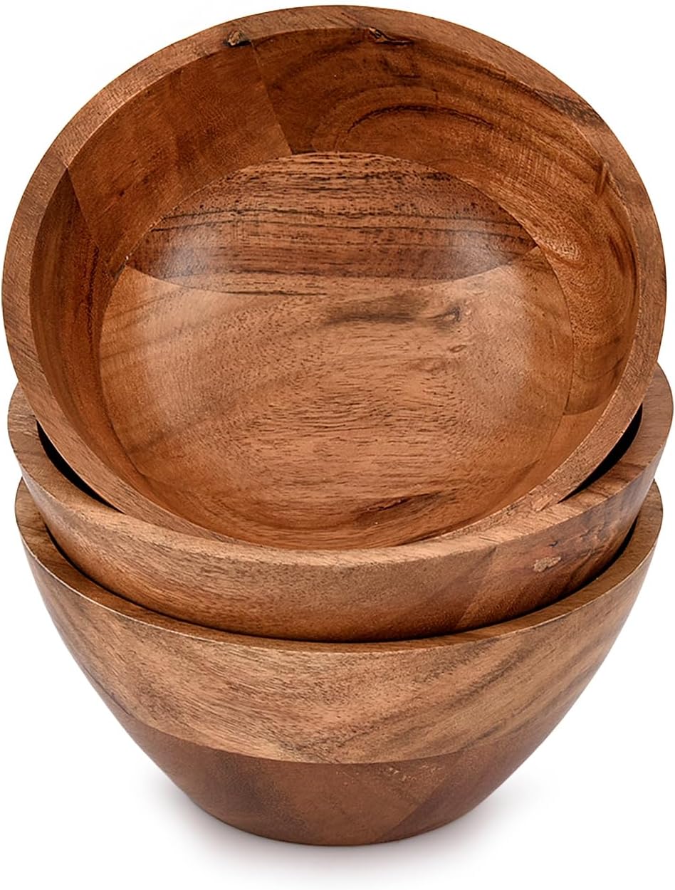 Snack & Dip Bowl Acacia Wood Set of 3 Dipping Sauce Bowls Appetizer Dip Bowl for BBQ Condiment Snacks Charcuterie board accessories (6" X 6" X 2.75")