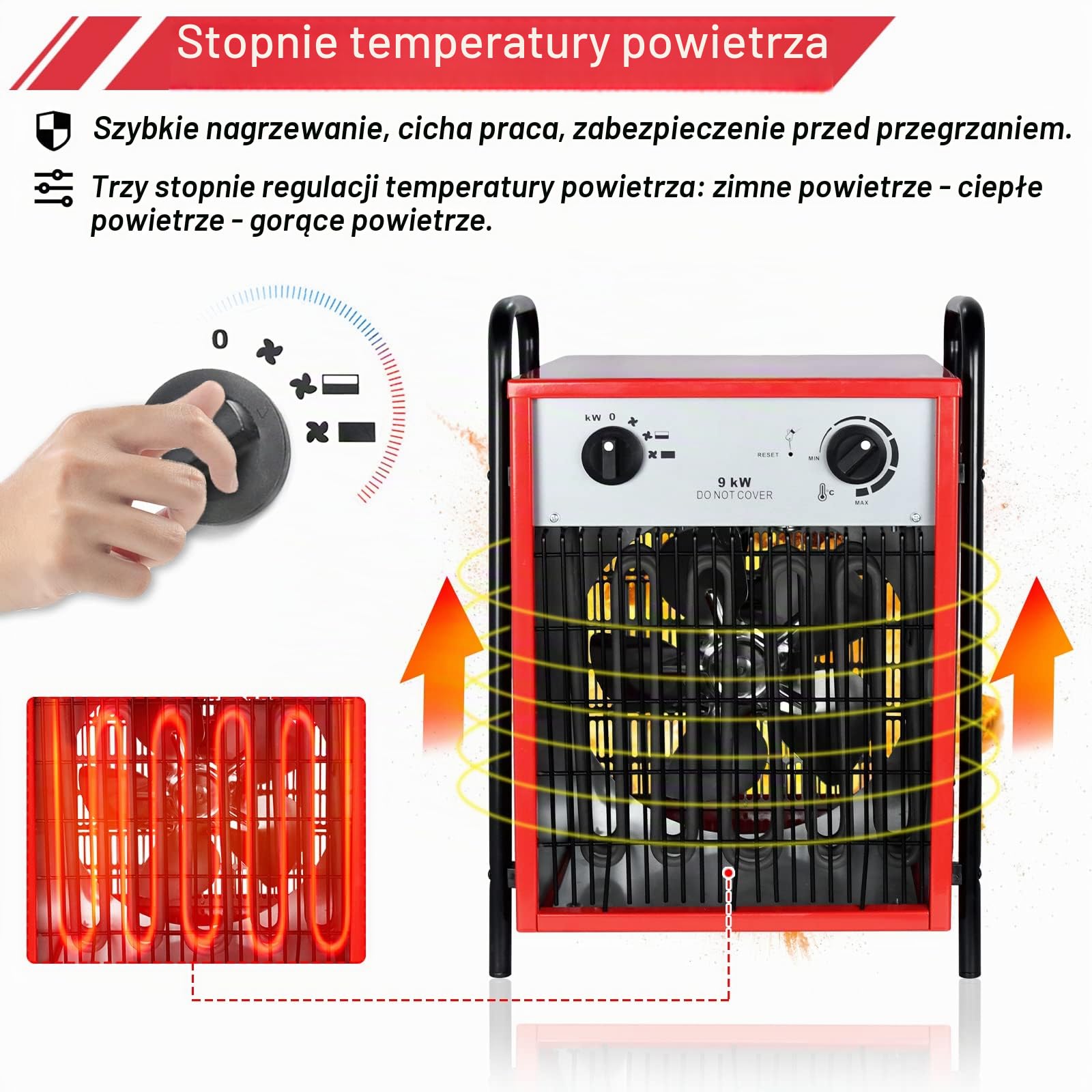 LZQ Termowentylator elektryczny 9 kW, energooszczędny, profesjonalny grzejnik przemysłowy, z 3 stopniami ogrzewania, wbudowany termostat, grzejnik budowlany