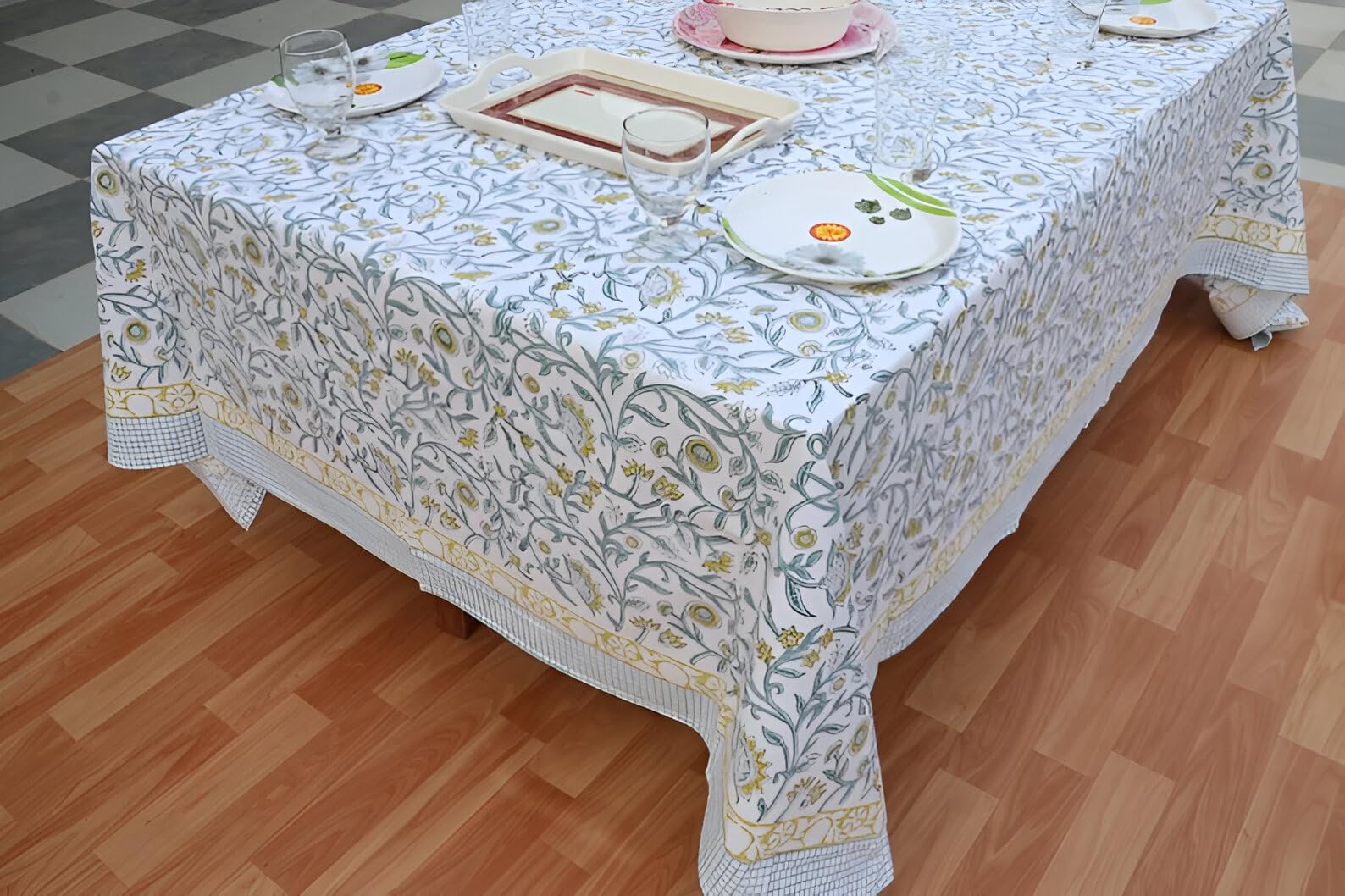 INDACORIFY Nappe à imprimé Floral Indien, Bloc à Main en Coton imprimé, Couverture de Table en Coton, Nappe rectangulaire, Cadeaux de Mariage