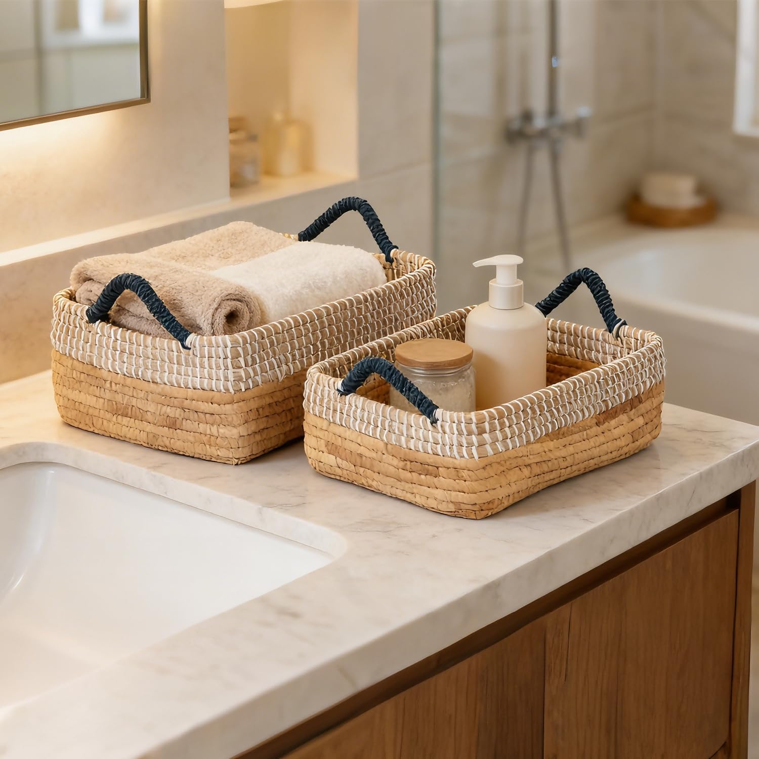 4 Pack Laundry Baskets Hamper, Storage Basket for Home Organizing, 50L Large Seagrass Blanket Basket, 30L Clothes Hamper with Handles, 10L & 8L Cube Woven Wicker Basket with Lid - Blue