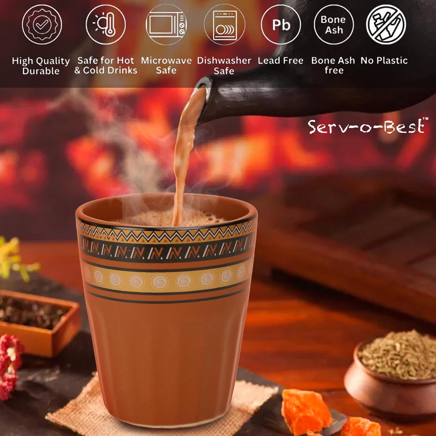 Handmade Cantaritos de Barro Ceramic Tea Cups Set – 6 Desi Kulhad Chai/ Coffee (5 oz Capacity), Lead-Free, Dishwasher & Microwave Safe, Glazed, finish Clay Tea/ kulhar/ kullar - Brown Rangoli desgin