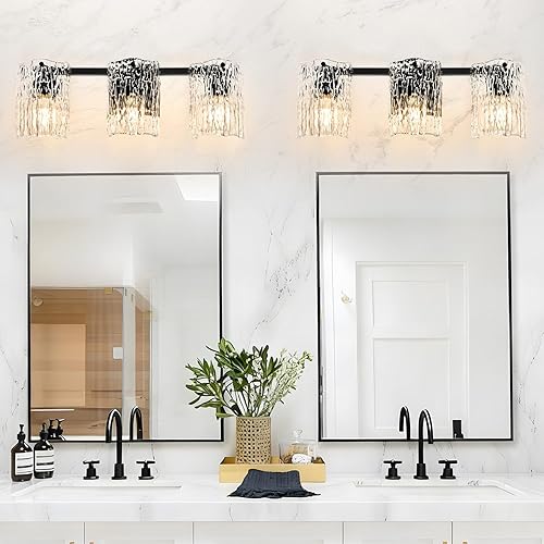 Miniatura 6 de Lámparas de baño, 3 luces de tocador con pantalla de vidrio ondulado de agua, modernas luces de baño negras, lámpara de pared para espejo (19.5
