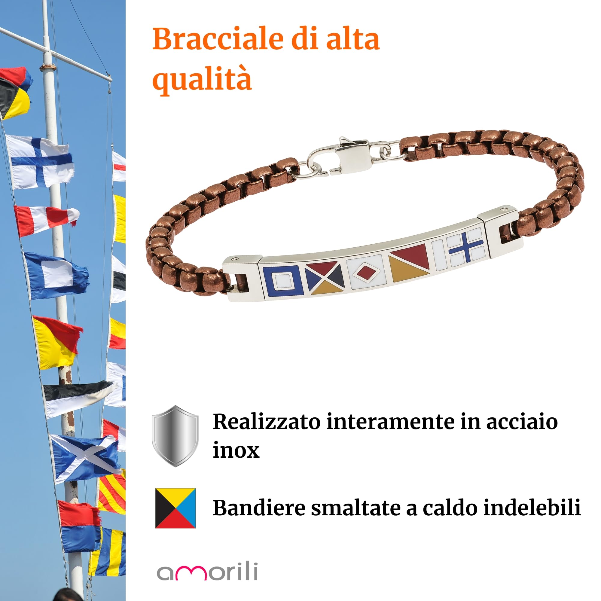 Bracciale Uomo con Bandiere Nautiche in Acciaio Inox Vari Colori – Stile Marino Vela Mare Estate – Braccialetto Elegante Idea Regalo