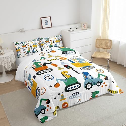 Miniatura 4 de Erosebridal Juego de ropa de cama infantil de construcción de dinosaurios, lindos juegos de ropa de cama de dinosaurio para niños, ropa de cama de