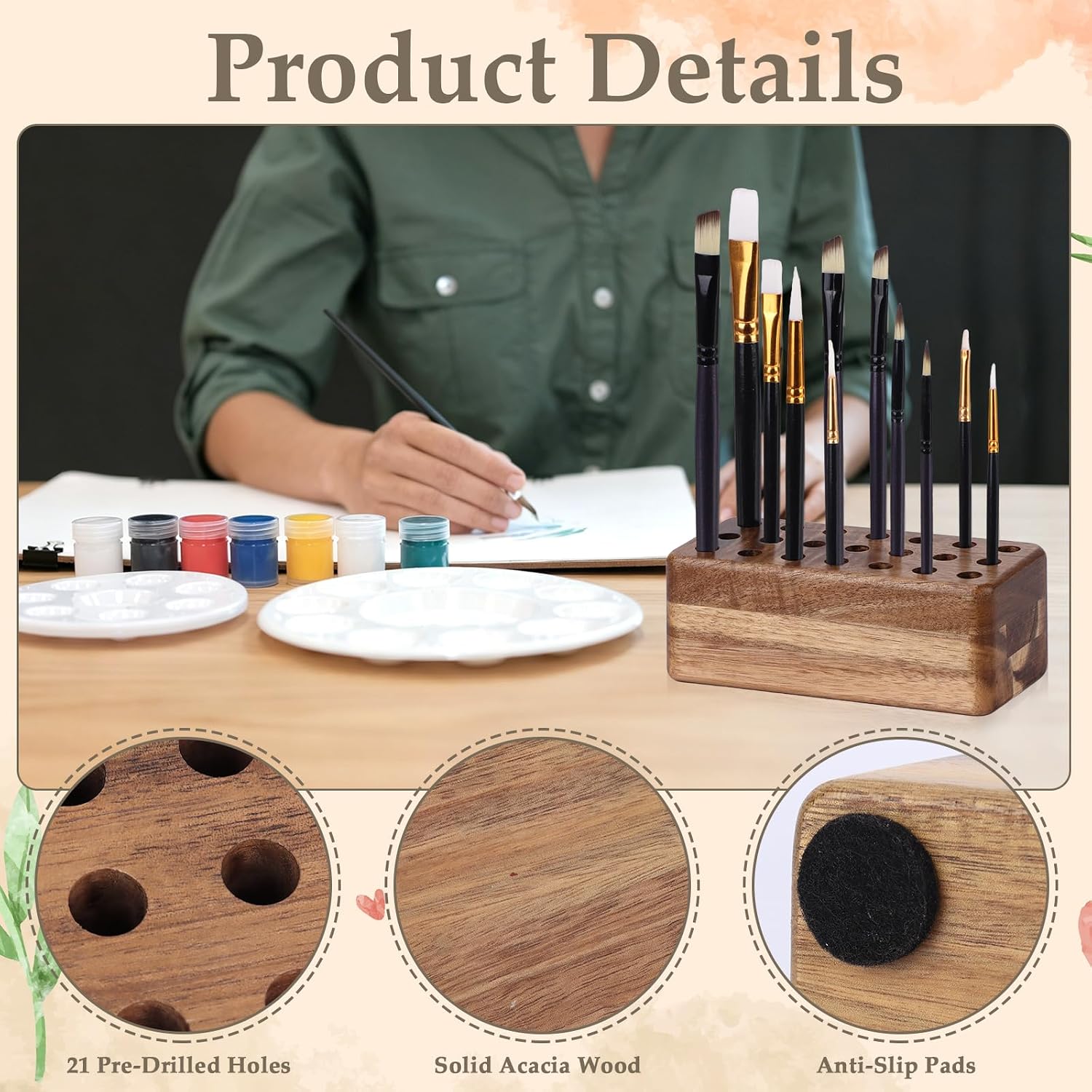 21 Holes Acacia Wood Paint Brush Storage Organizer Wooden Pencil Stand for Pens Markers Art Brushes Artist Brush Holder for Office Desk Craft Tool Holder 5.9 × 2.8 × 2.2 in