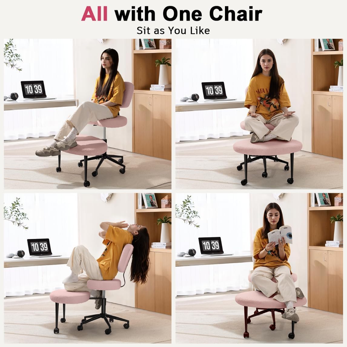 Waleaf Ergonomic Cross Legged Office Chair with Wheels, ADHD Chair for Adults, Meditation Chair, Yoga Office Chair (Pink)