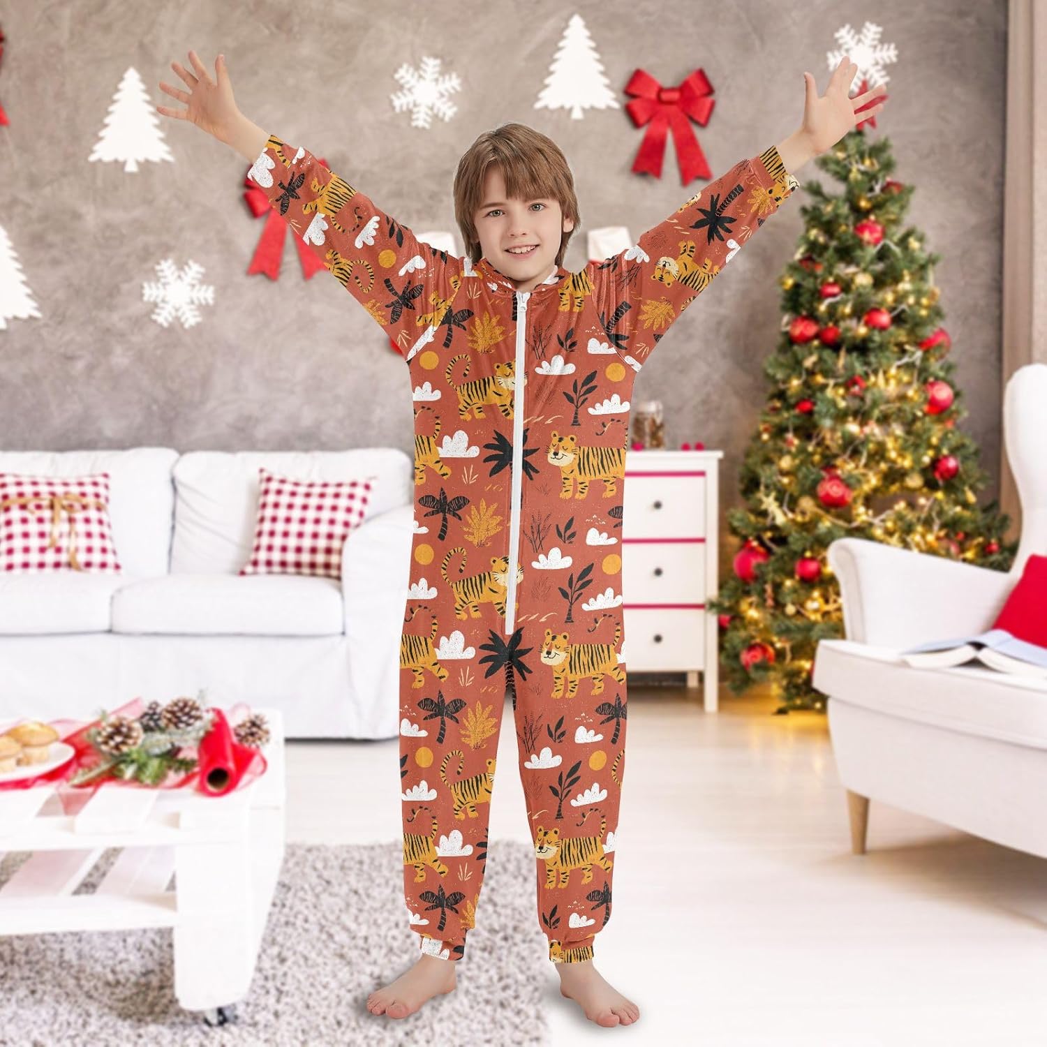 Pajama Long Sleeve Hooded One-Piecing Loungewear Sleepwear for Unisex 4-14Y