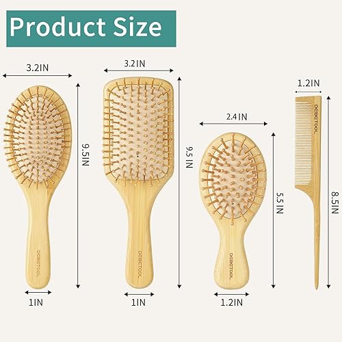Miniatura 2 de Juego de cepillo y peine de bambú para cabello para mujeres, hombres y niños, cepillo de púas anchas de madera de bambú natural y peine de cola -