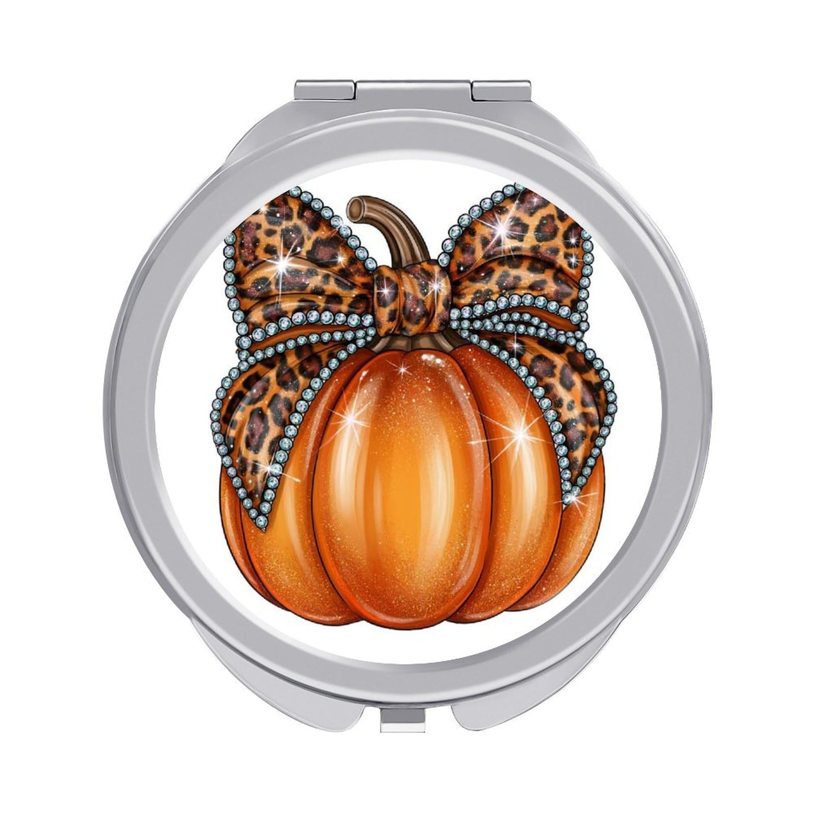 Jubonexis Orange Pumpkin with Leopard-print Bow Women Pocket Mirrors, Girls Small Portable Travel Makeup Mini Mirror