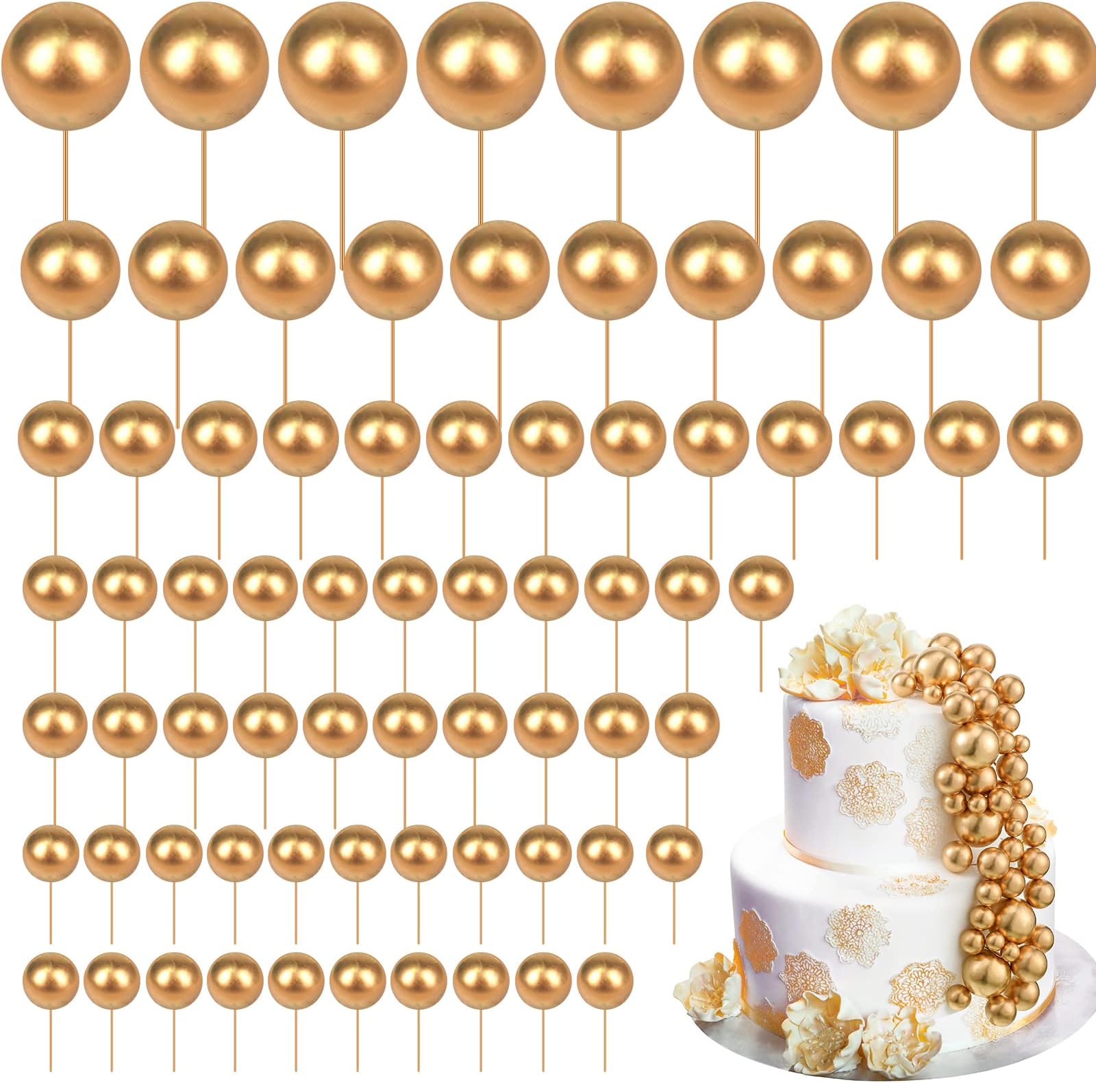 108 Pcs Balls Cake Topper DIY Cupcake Insert Foam Balloons for Cake Baking Wedding Anniversary Birthday Decoration (Gold,Multi Sizes)