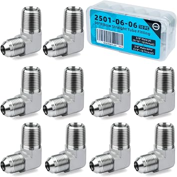 90 Elbow Straight Hydraulic Hose Adapter Fittings, 2501-06-06 3/8" Tube 9/16-18 JIC Male x 3/8-18 NPTF Male Connectors x 10 pack