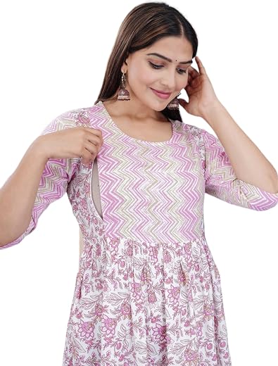 Jikonet Women's Anarkali Maternity Feeding Long Kurti for Outdoor Outfits Casual Maternity Kurti (X-Large, Light Pink)