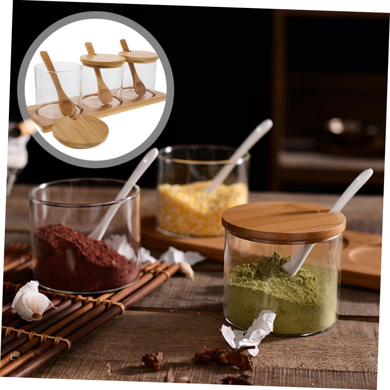 Glass Condiment Jars Set of 3 with Lids and Spoons, Kitchen Spice Containers for Salt Sugar Seasoning, Glass Kitchen Condiment Pots for Home Dining and Cooking Storage Style