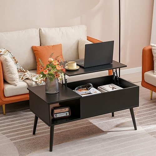 usikey Coffee Tables, 39.4 inch Wood Lift Top Coffee Table with Hidden Compartment & Open Storage Shelf, Mid-Century Lift Tabletop Dining Table for Home Living Room, Office, Black