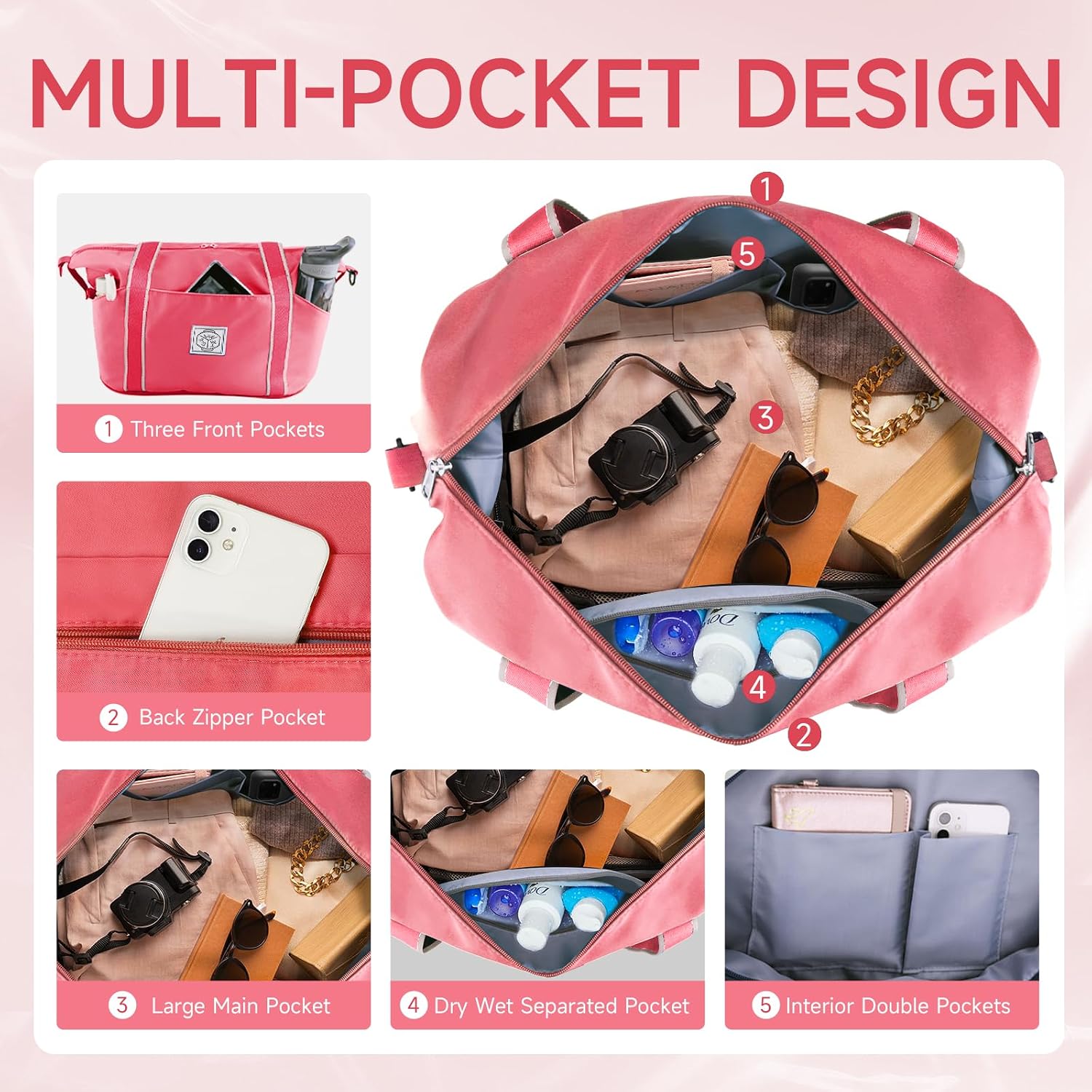 WALNEW Travel Duffel Bag, Weekender Overnight Carry On Bag for Women Men, Foldable Waterproof Gym Luggage Duffle Bag with Metal Buckle Detachable Shoulder Strap and Wet Compartment (living Coral)