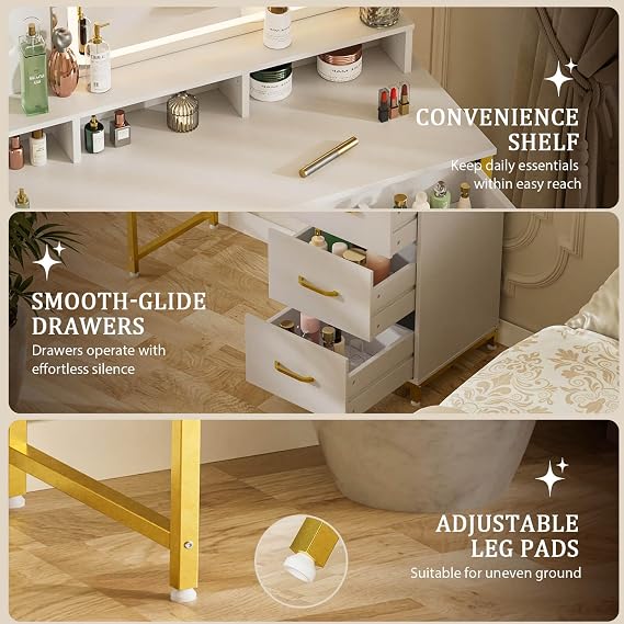 COMHOMA Vanity Desk with Mirror and Lights, Makeup Vanity Table with 4 Drawers & Storage Shelves, Large HD Mirror, 3 Color Modes & Adjustable Brightness, Modern Dressing Table for Bedroom, Pearl White