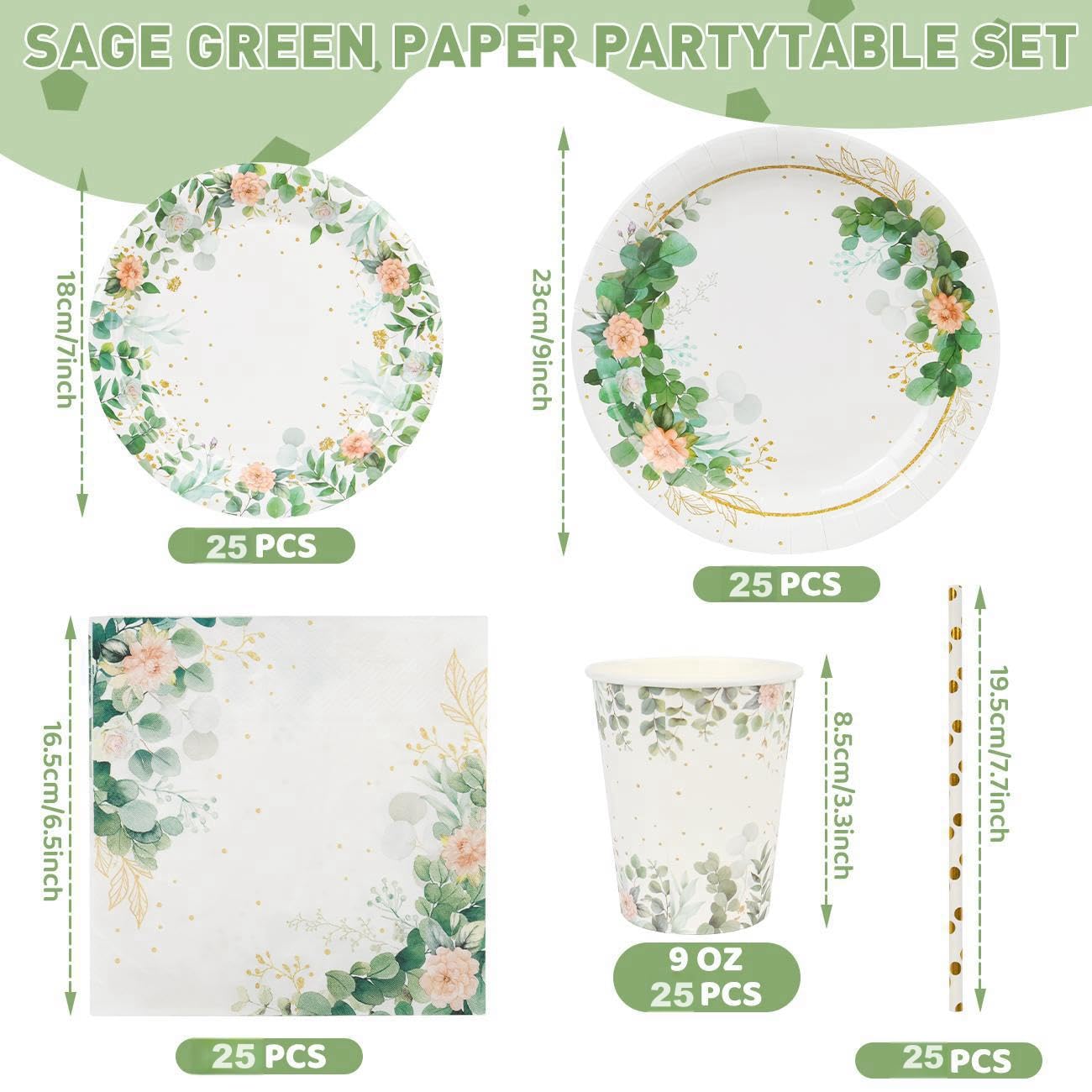 NatNarr 125-teiliges Partygeschirr Set In Salbeigrün - Inklusive Teller, Becher & Servietten