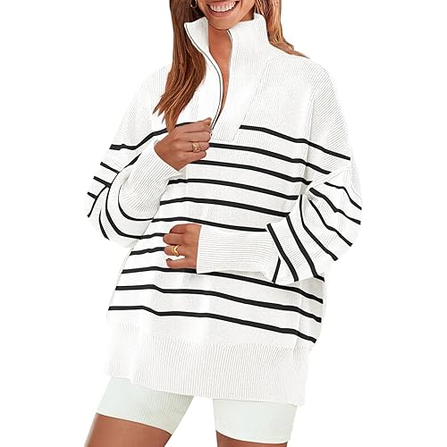 ZESICA Women's Striped Sweaters Half Zipper Long Sleeve Ribbed Knit Loose Oversized Pullover Sweater Tops