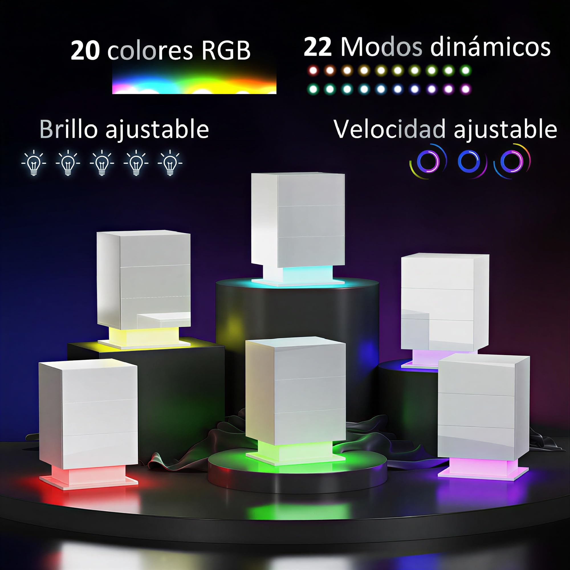 HOMCOM Mesita de Noche con Tira LED 3 Cajones 40x35x60 cm Blanco Brillo