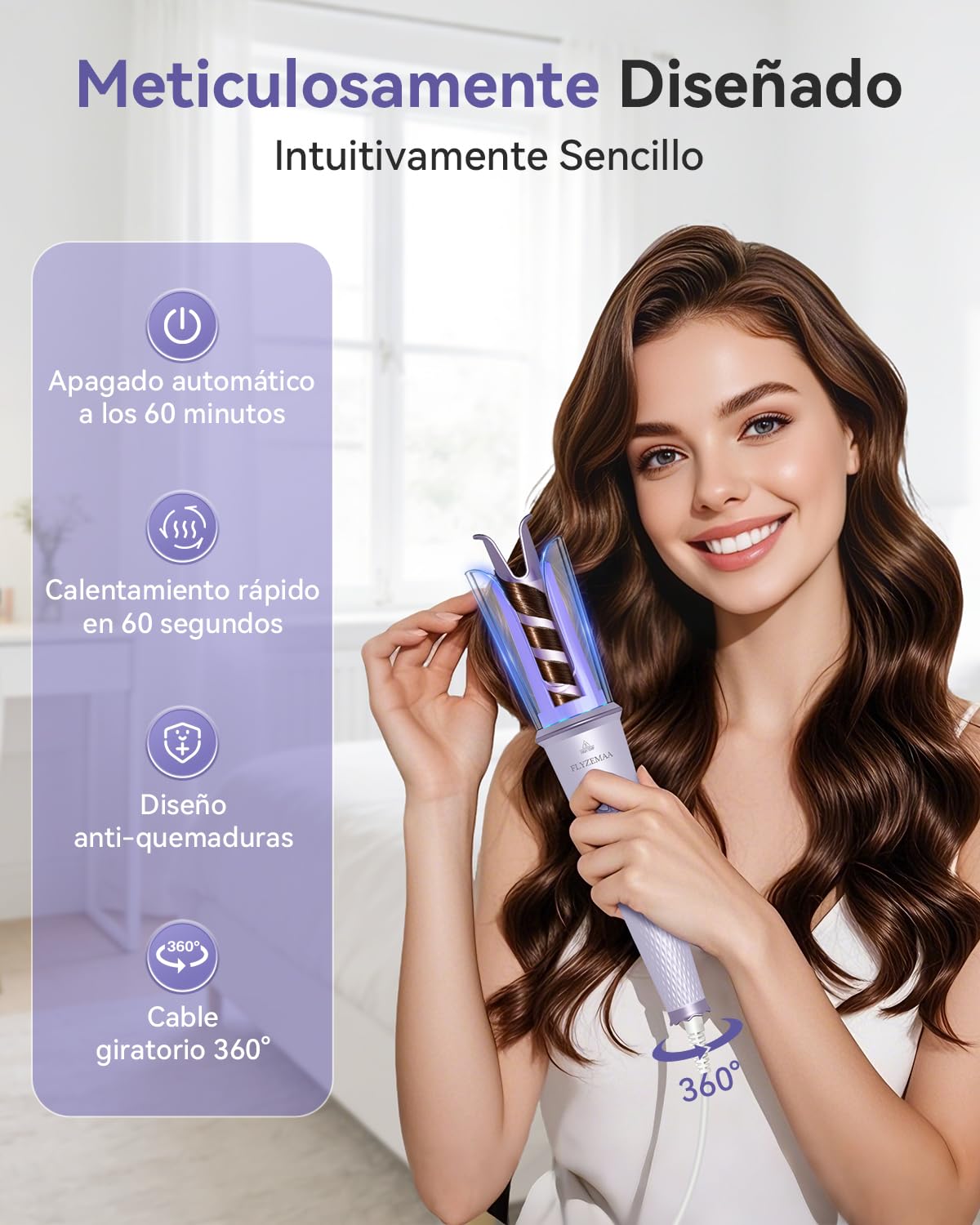 Rizador de Pelo Automático Cerámico de 25mm para Cabello Largo, 4 Temperaturas Ajustables, Protección Anti-Quemaduras, Calentamiento Rápido, Doble Voltaje Portátil