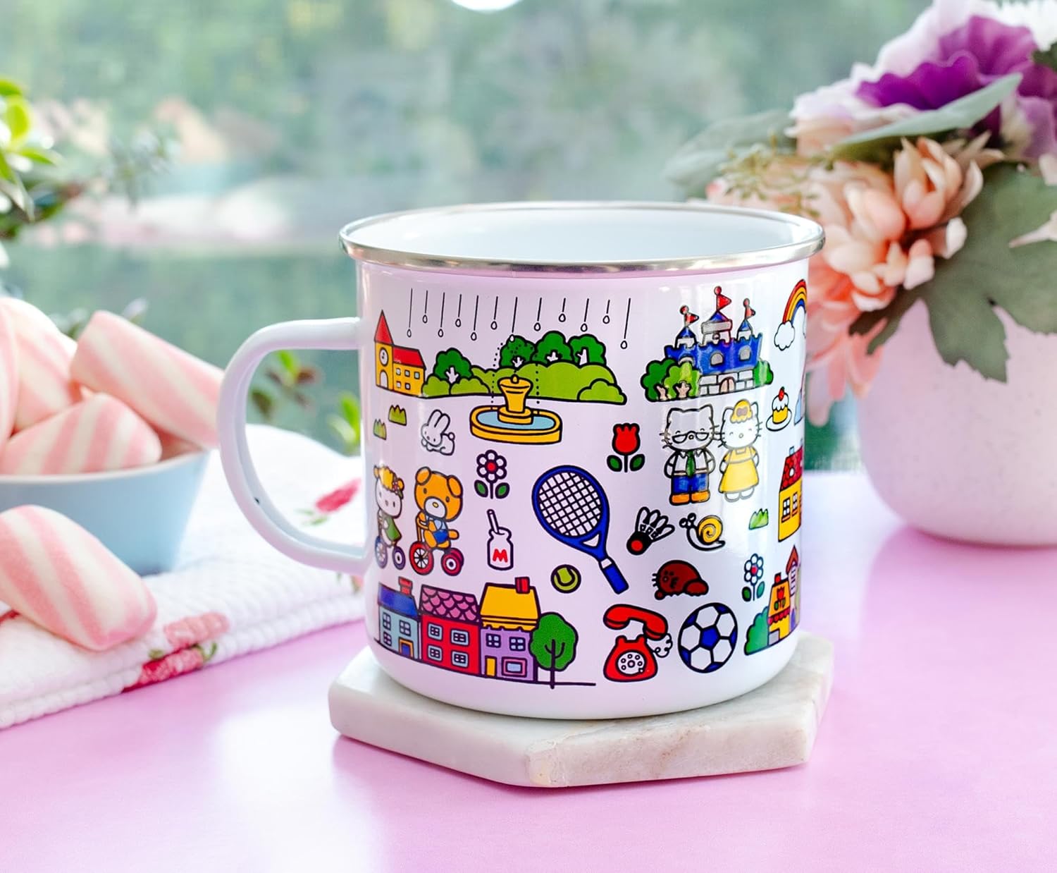 Silver Buffalo Sanrio Hello Kitty Destination Town Enamel Camper Mug | Large Coffee Cup For Tea, Espresso, Cocoa | Holds 21 Ounces