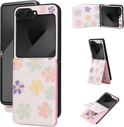 Asuwish Phone Case for Samsung Galaxy Z Flip 6 5G 2024 Wallet Cell Cover with Luxury Flower PU Leather Credit Card Holder Slot Film Kickstand Stand ZFlip6 Z6 G Flip6 6Z Women Girls Blossoming Flowers