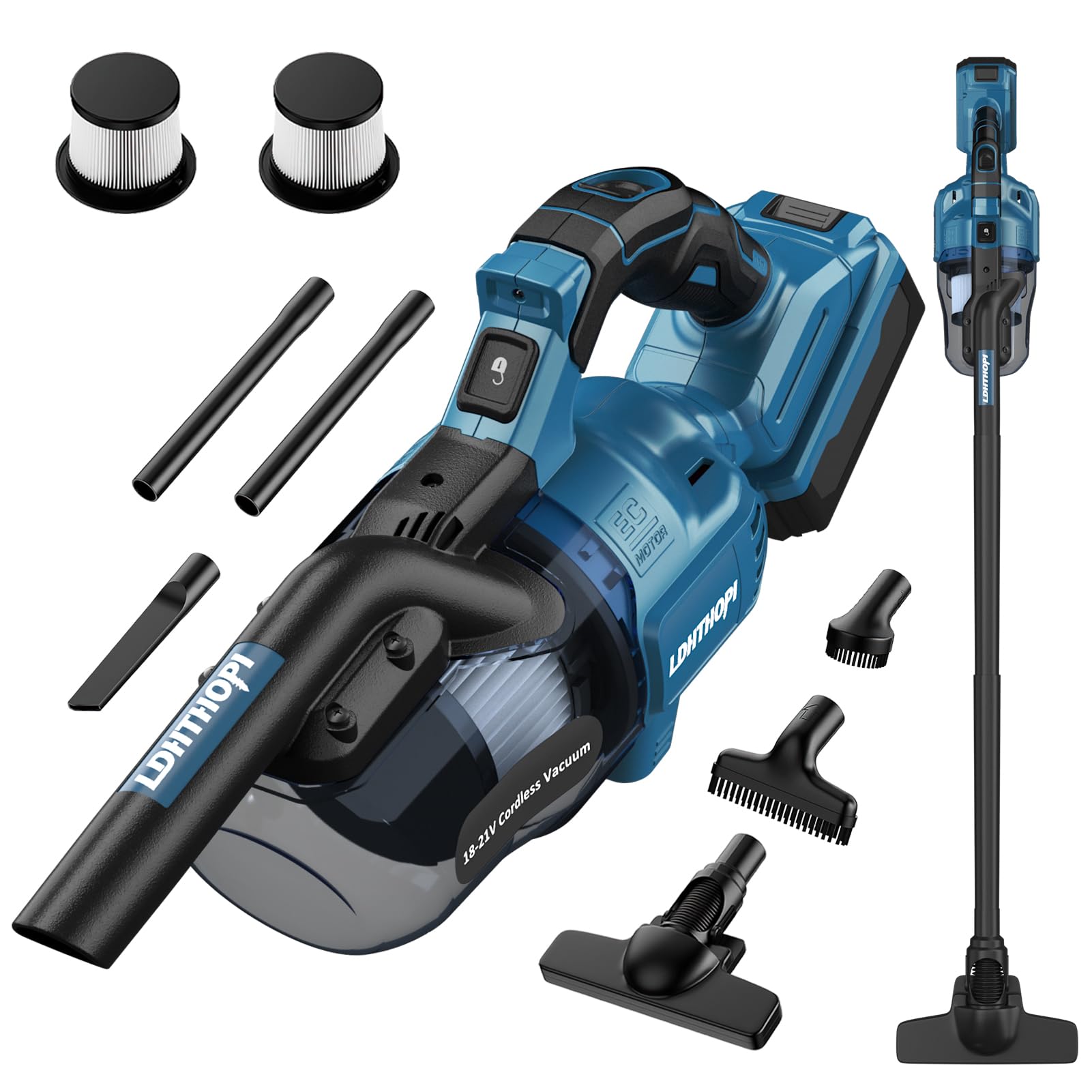 LDHTHOPI Akku Staubsauger für Makita 18V,20000 Pa Starke Saugleistung,1,28 kg Leichter Staubsauger mit HEPA-Filter,5in1 Handstaubsauger mit LED-Licht Für Teppich,Hartboden,Möbel,Auto (Ohne Akku) Blau