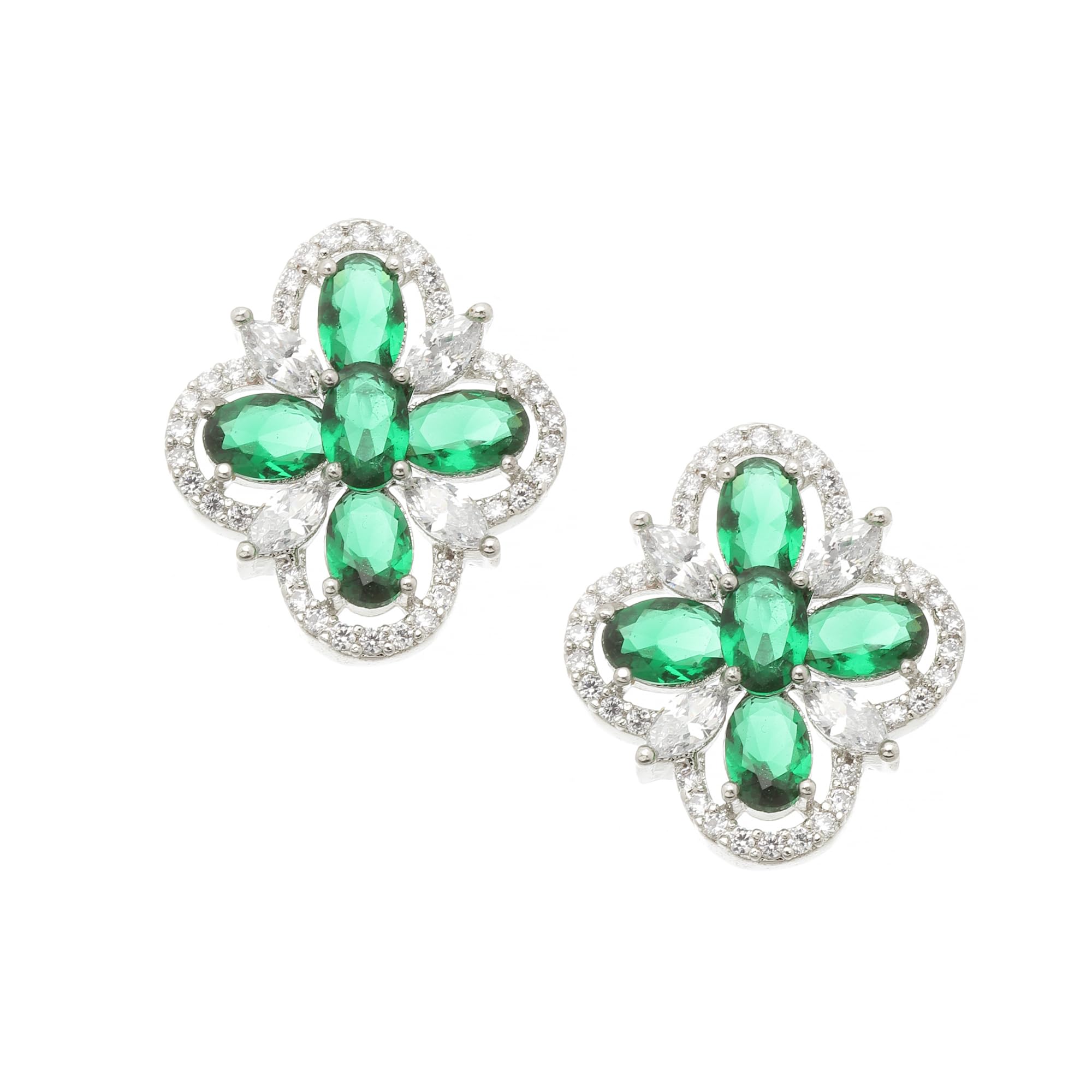 ZENEME Rhodium-Plated American Diamond Studded Floral Shaped Stud Earrings For Girls and Women (Green) (B0CGHKC9CN) Amazon Price History, Amazon Price Tracker