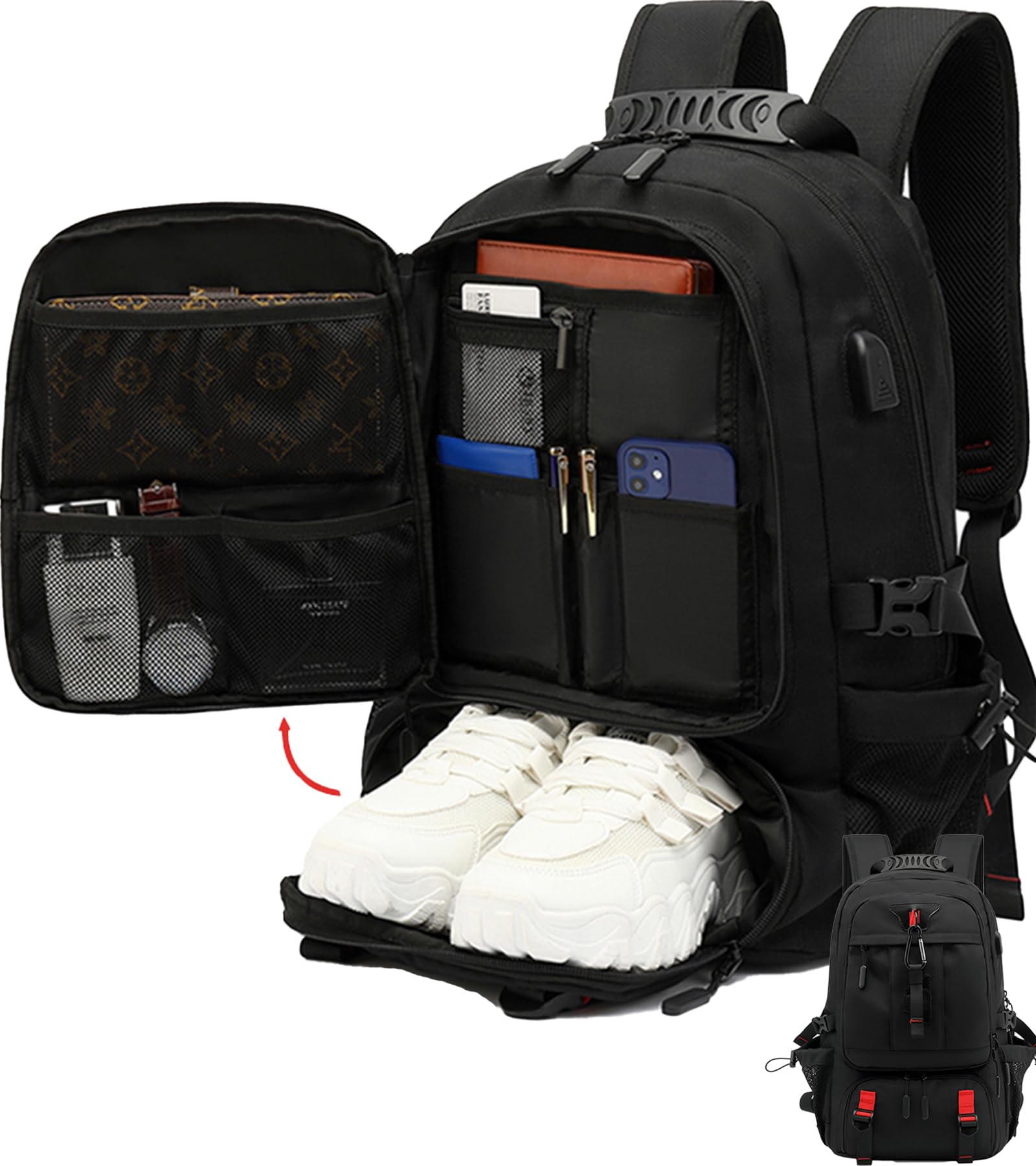 SecretShushBling Large Laptop Backpack with Shoe Compartment, Waterproof Rucksack 15.6/17 Inch, Travel School Gym Work College Bags for Men (Black, XL