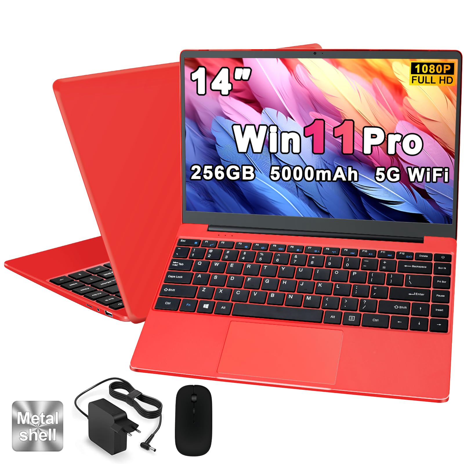 PC Portatile Computer Portatile Win11 Notebook 14 Pollici 6GB 256GB SSD Expansion 1TB, Laptop Celeron N4020 fino a 2.8GHz, 5000mAh 5G WiFi, BT4.2 Supporto Mouse Wireless & Protezione Tastiera -Rosso