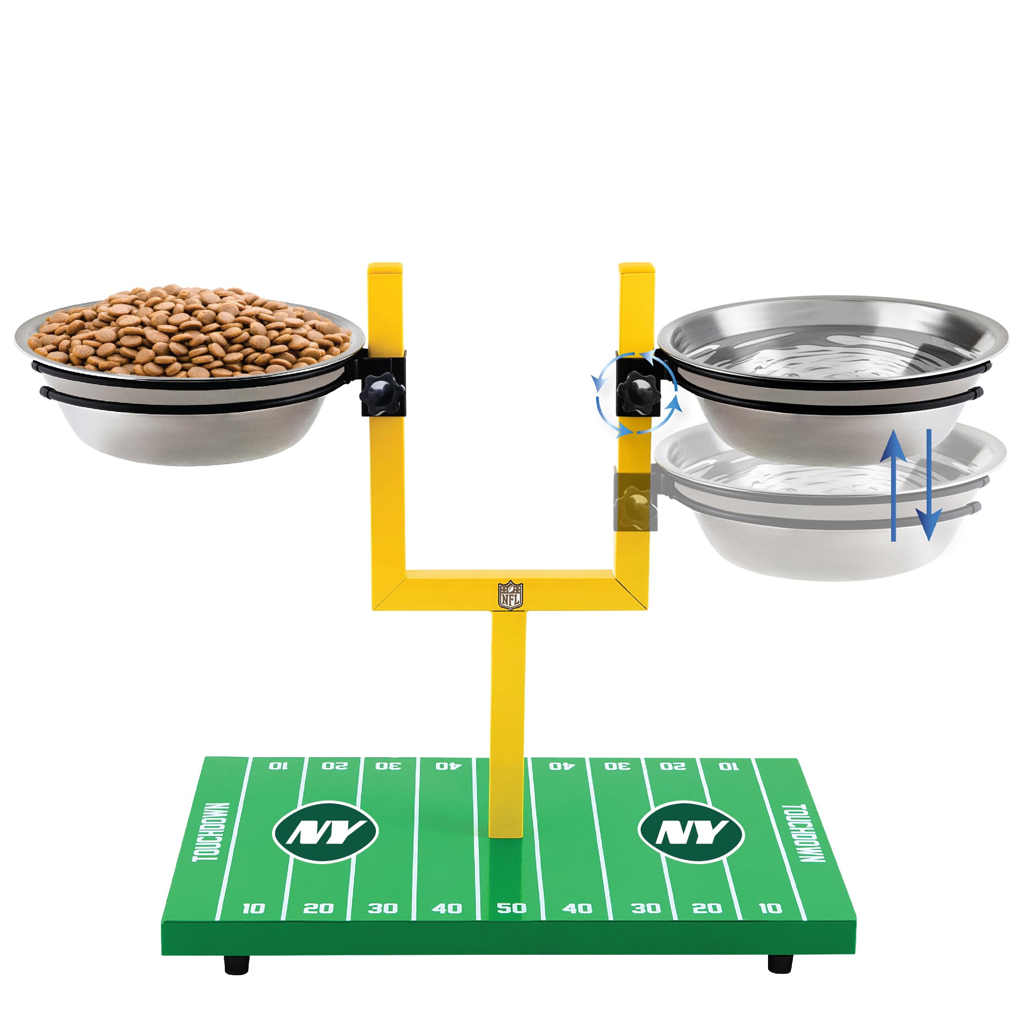 NFL New York Jets Goalpost Football Field Dog Feeder – Adjustable Elevated Dog Bowls with Stand, 2 Stainless Steel Bowls, Non-Slip Rubber Feet, Raised Pet Feeder for Large & Small Dogs, Cats.