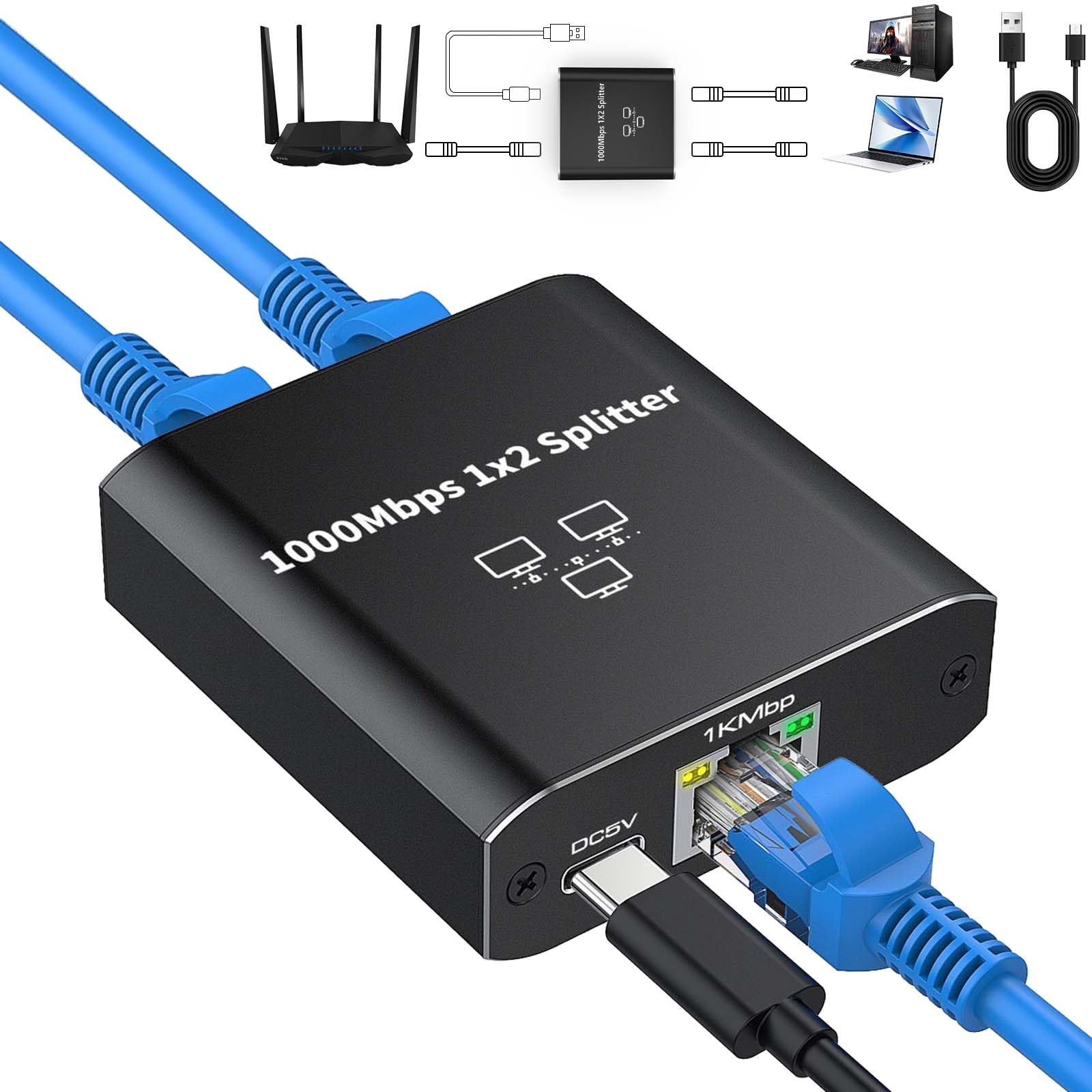 AXFEE Ethernet Splitter 1 to 2, RJ45 1 to 2 Gigabit Network Splitter, 1000Mbps Ethernet Switch 2 Port Gigabit Network Switch with USB Type-C Power Cable, for Computer, Hub, Router, ADSL, Digital TV