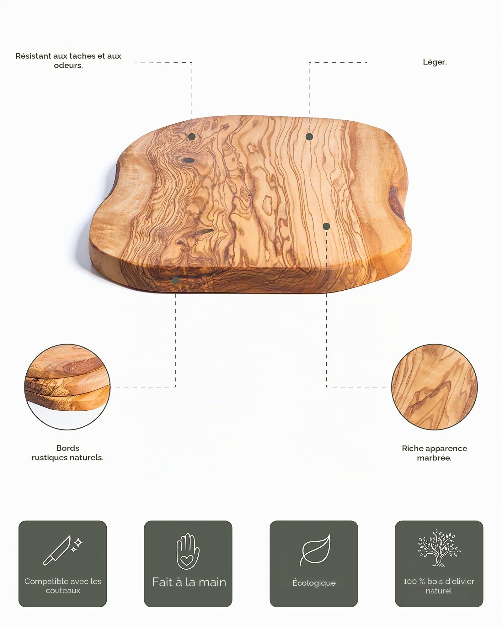 Planche à Découper Rustique Bois d'Olivier Naturel Réversible Fait à la Main, 30 x 18 cm, Plateau de Service, Planche à Petit Déjeuner, Planche Bois Brut Pour Table, Plateau en Bois Apéro