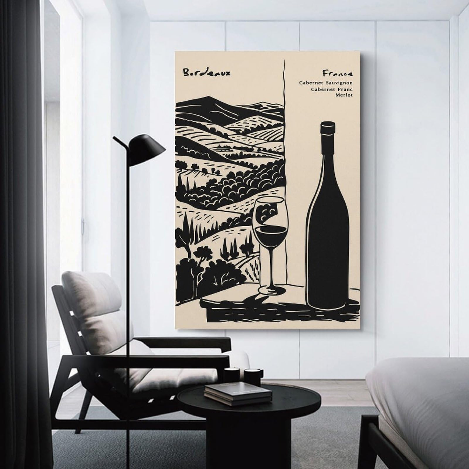 Junmoney Bordeaux France Wine Illustration Canvas Wall Picture 24x36inch(60x90cm), for Study, Office Or Focused Interiors, Home Office Artwork with Decorative Appeal