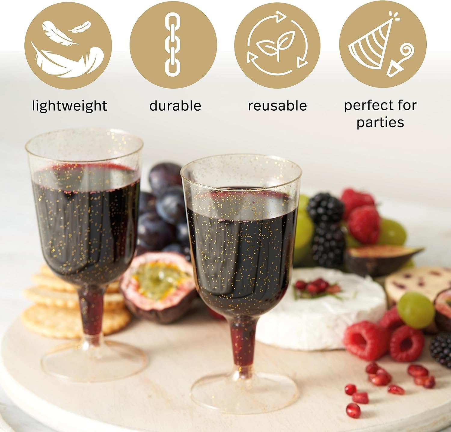 MATANA 500 Premium Elegante Weingläser aus Plastik mit Goldglitter, 170ml - Mehrweg Gold Weingläser aus Kunststoff, Weinbecher für Hochzeiten, Geburtstage, Weihnachten & Partys