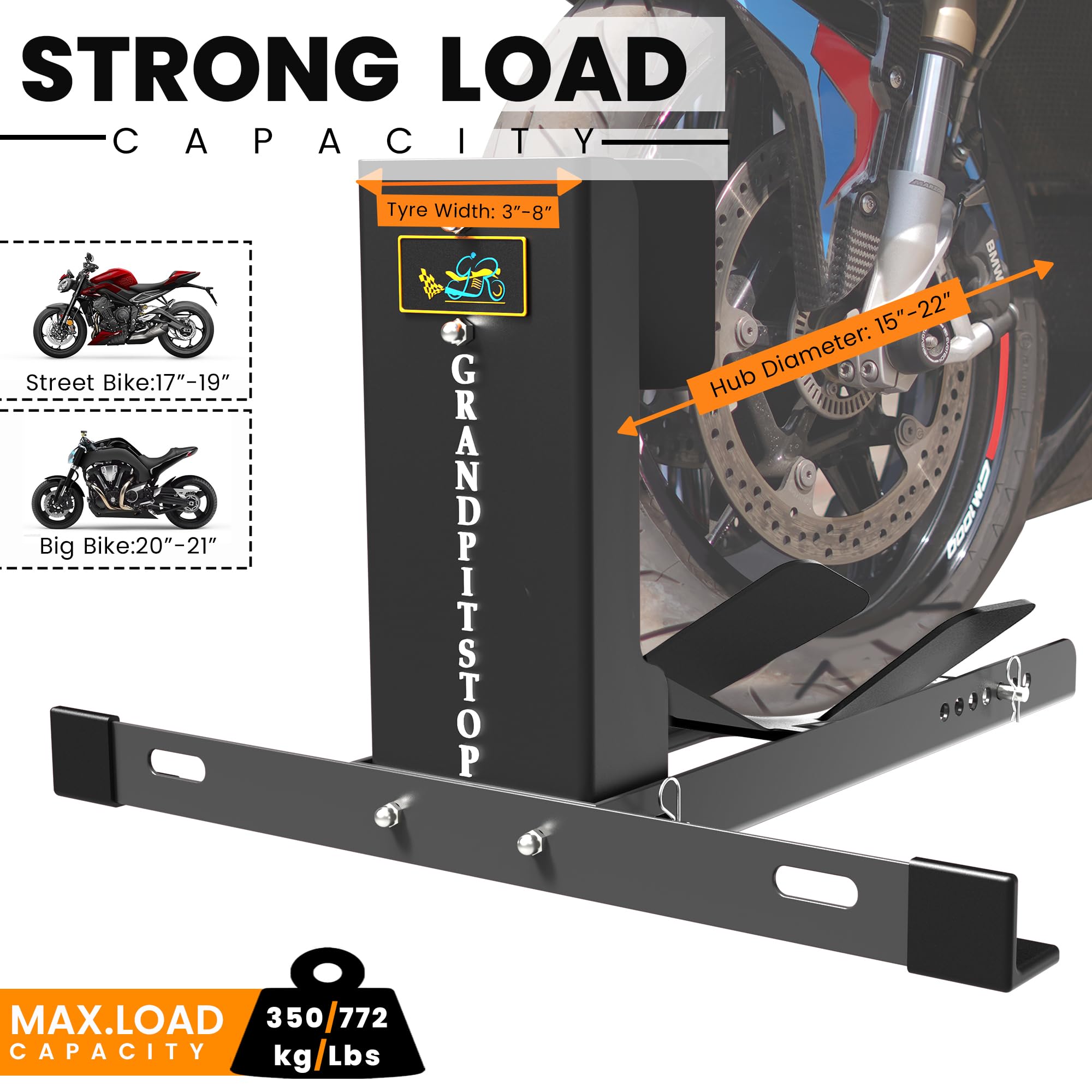 GRAND PITSTOP Calzo de rueda universal para Crusier, deportes y motos de cross, resistente capacidad de carga de 2000 libras, soporte de motocicleta para remolque, completamente ajustable, desmontable