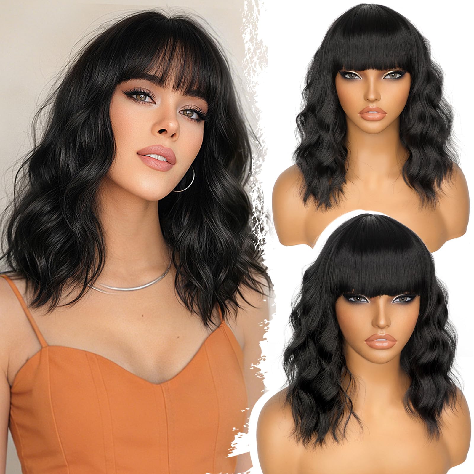 Sponsored Ad - Nnzes Black Wavy Wigs with Bangs Women’s Short Black Bob Wig Synthetic Natural Looking Heat Resistant Fiber Hair