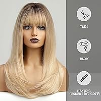 Vista 27 de HAIRCUBE Peluca de color marrón a rubio con flequillo para mujer, peluca de cabello largo ondulado marrón y rubio, pelucas sintéticas rizadas