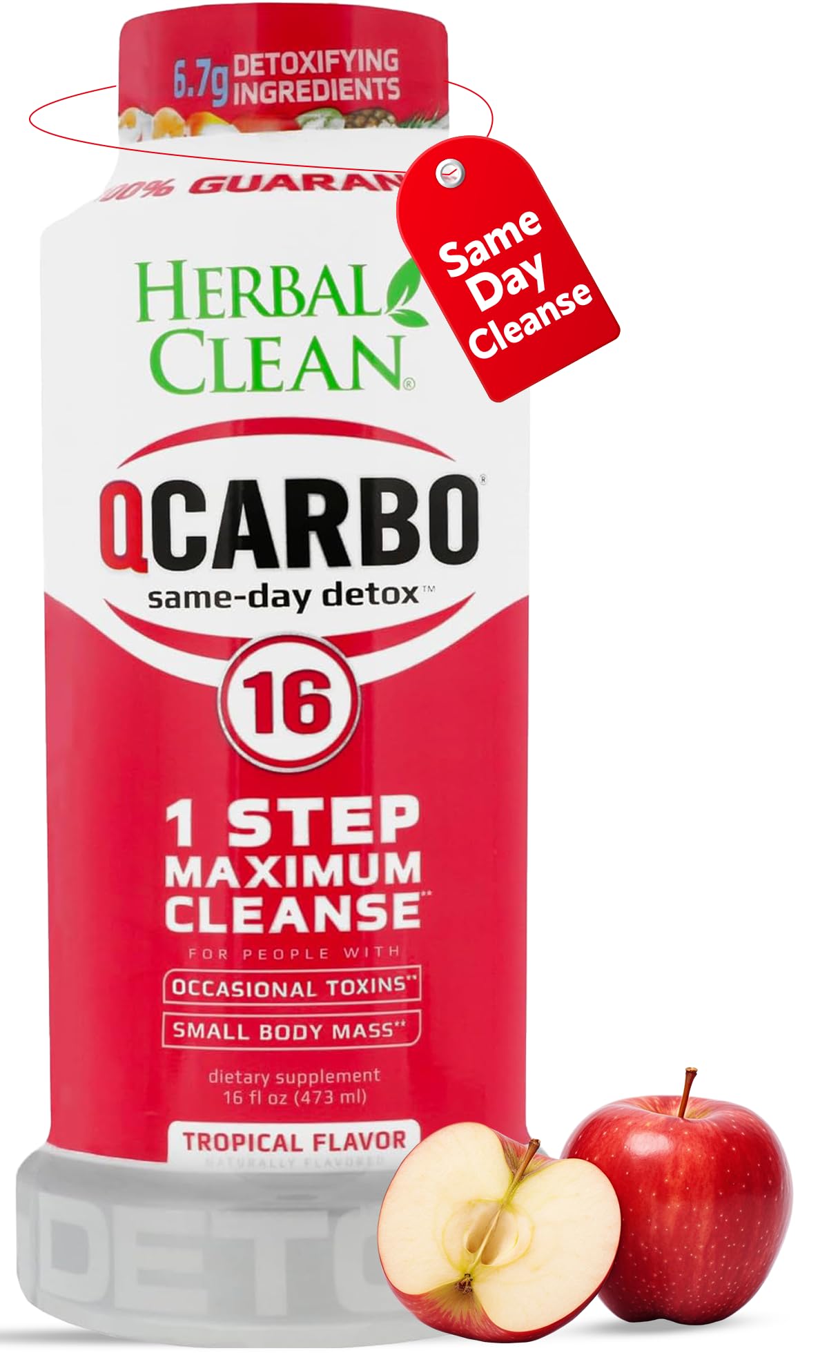 Herbal Clean Qcarbo16 Same-Day Detox Cleanse Drink (16 fl oz) - Tropical Flavor Full Body Cleanse* Detox Drink for Moderate Toxin Level*, Vitamin B2 and Vitamin B12 for Men & Women