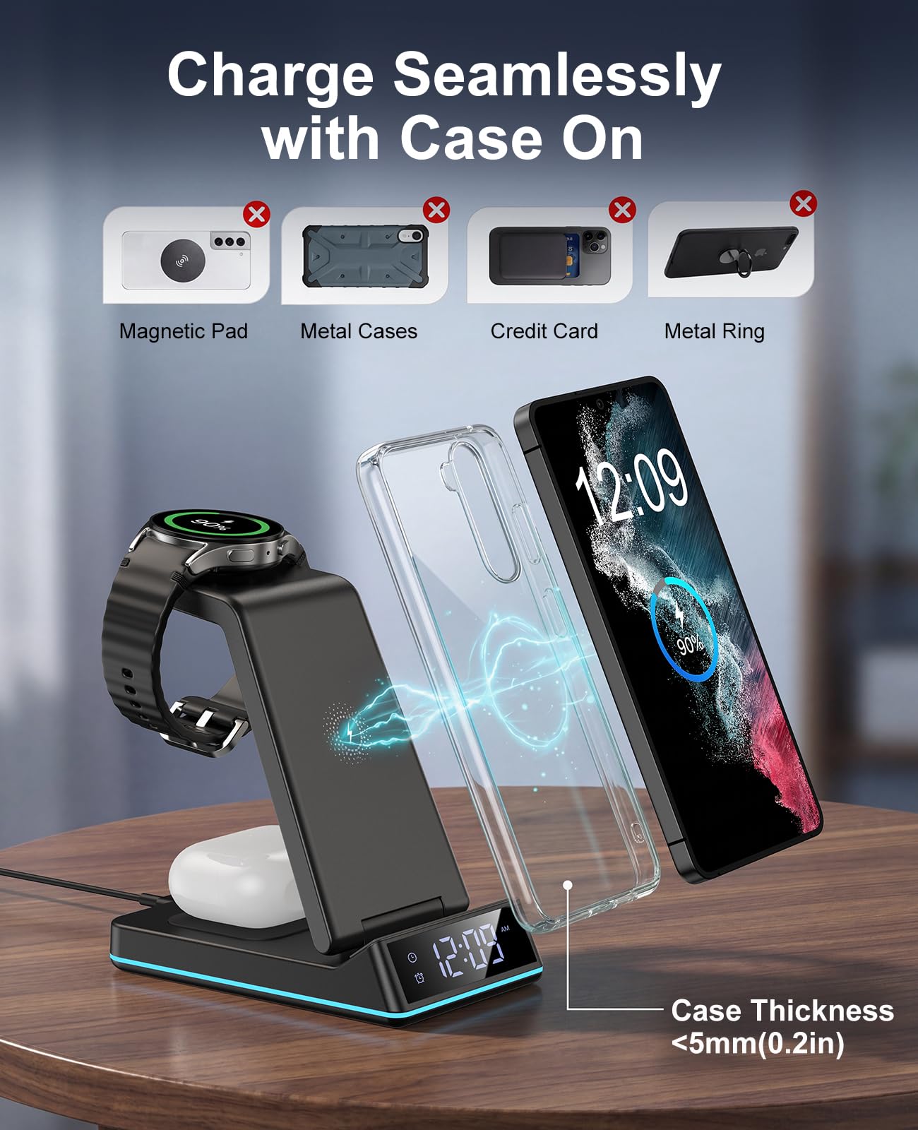 Cargador inalámbrico para Samsung, estación de carga inalámbrica 3 en 1, soporte plegable de carga rápida con luz nocturna/reloj despertador para Samsung Galaxy S25 Ultra/S24/S23/S22/S21/Galaxy Watch