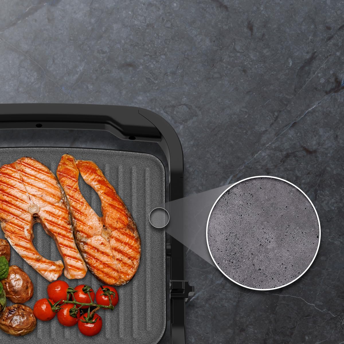 Cecotec Rock'nGrill Elektrogrill 1500 Full Open, 1500W, Öffnung 180°, RockStone, Antihaftbeschichtung, schwimmende Platte, Fettauffang, vertikale Lagerung, einstellbare Temperatur, 281 x 173 mm