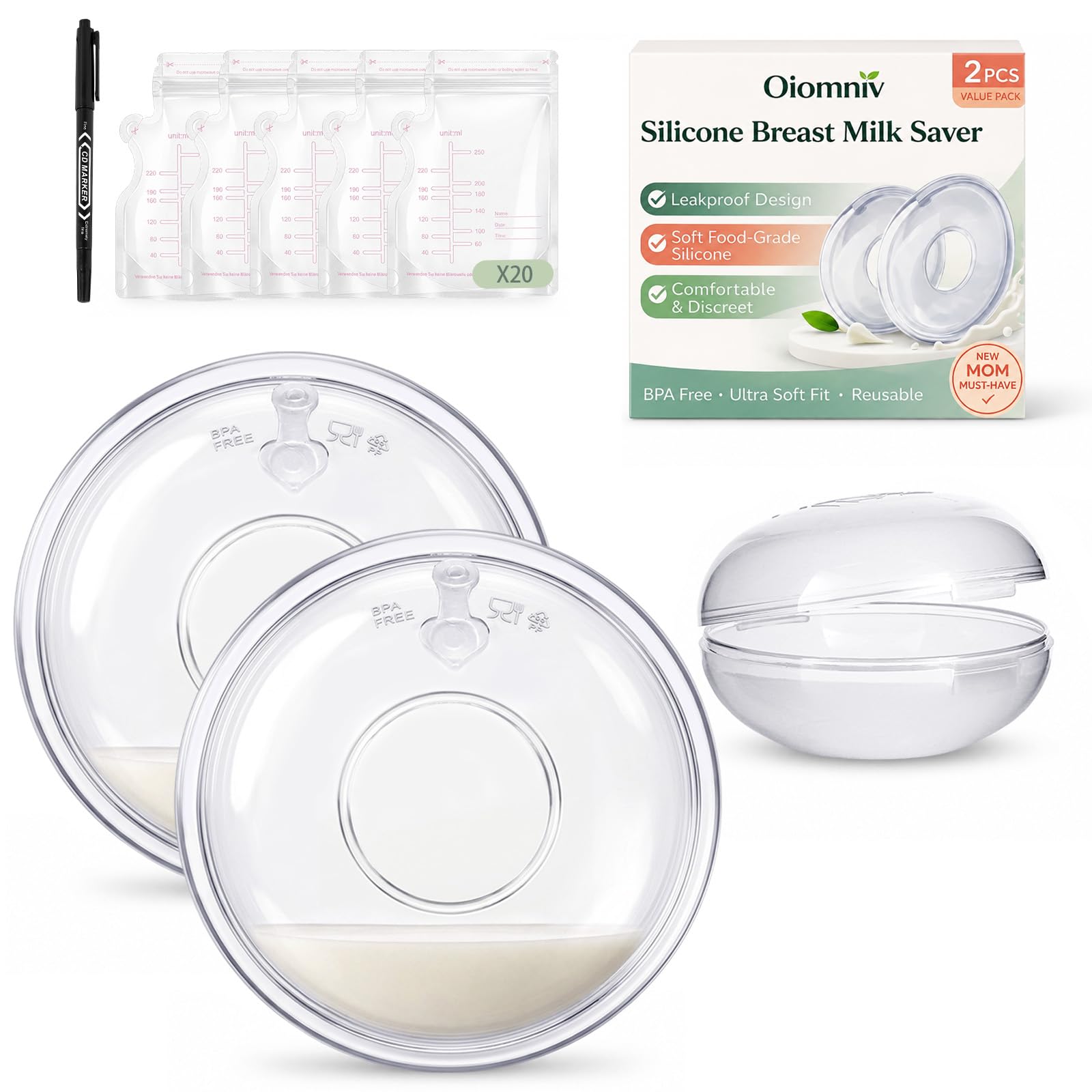 Oiomniv Milk Collector, Breast Milk Collection 2PCS Reusable Breast Shells, 60ML Breastmilk Collection Cups Silicone Milk Collection BPA Free for Breastfeeding, with 20 PCS Breastmilk Storage Bags
