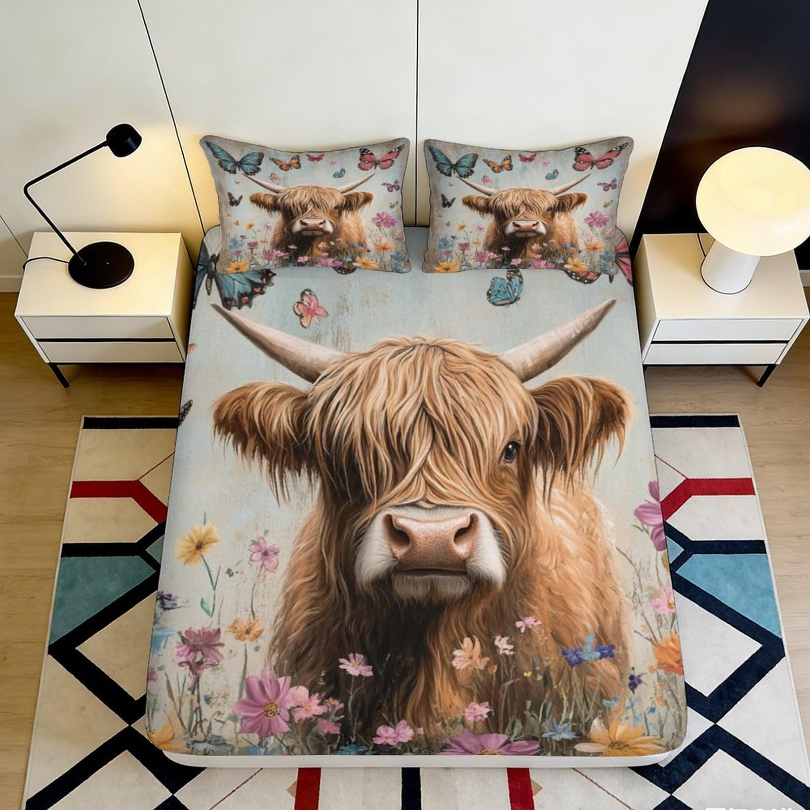 3D Printed Highland Cow Fitted Sheet Microfiber Deep Pocket Bedroom Bedding Highland Cow Mattress Fitted Cover 120x200x25cm