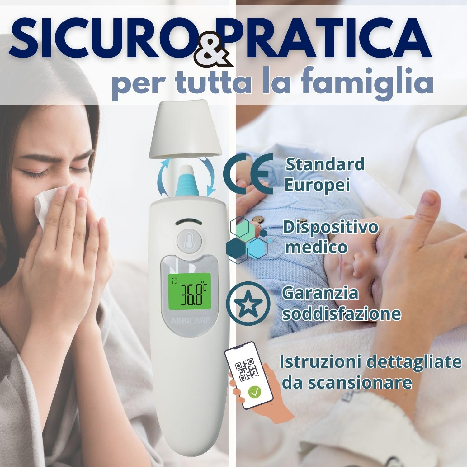 Termometro febbre digitale frontale e auricolare con custodia ABBICARE™| Modalità speciale neonato precisa e rapida in 1 secondo infrarossi