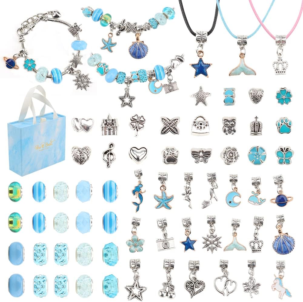 AOPRIE Christmas Gift for Teenage Girls 8-12 10 Charm Bracelet Necklace Jewelry Making Kit with Beads Toy Arts Crafts Kit Kids Teen Trendy Preppy Stuff Supplies Gift Ideas Accessories Women Blue