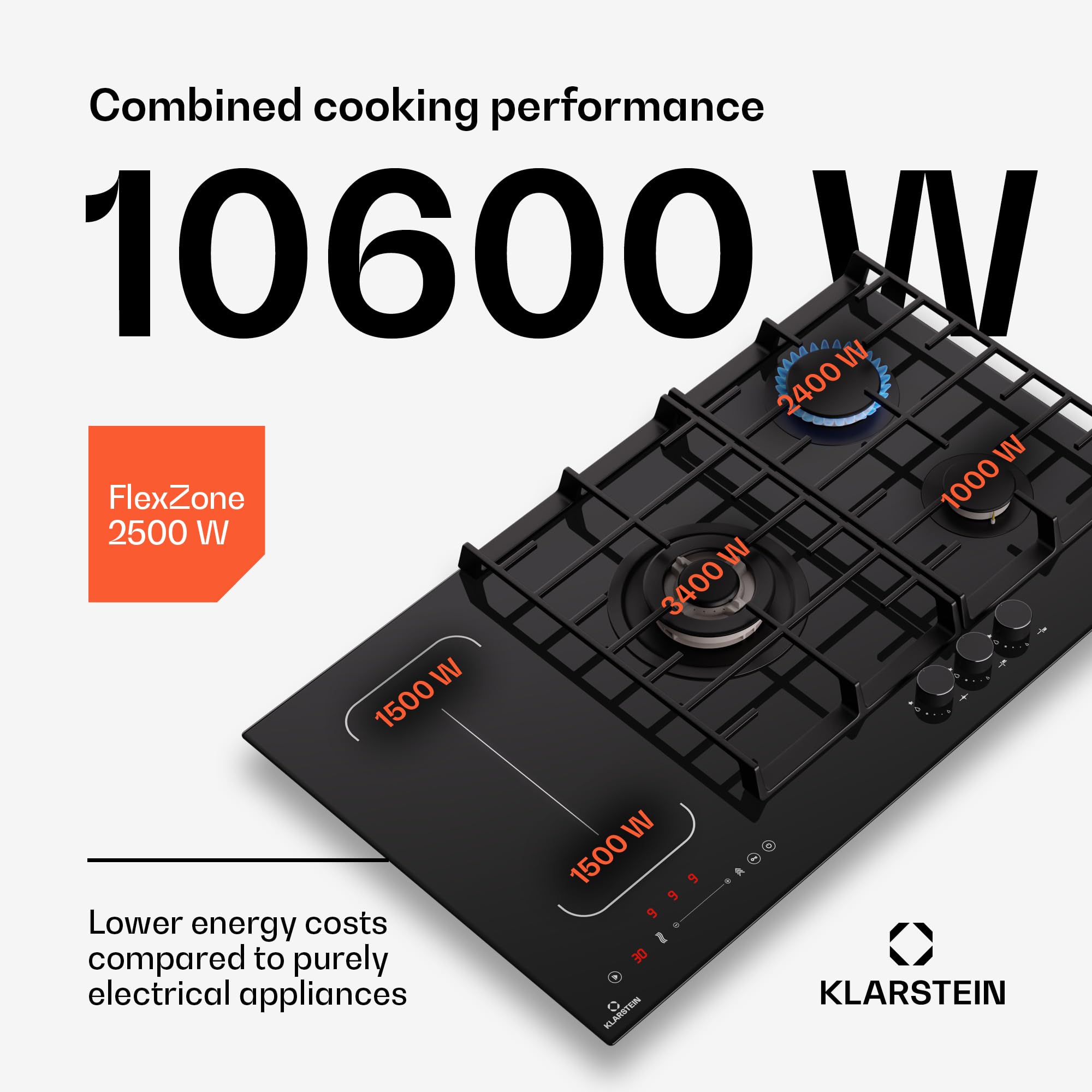 Klarstein MultiChef 5 płyta indukcyjna i gazowa - 5 stref, Flexzone, 10,6 Kw, zamek błyskawiczny, wyłącznik i GB, timer, czarny, 87,5 cm
