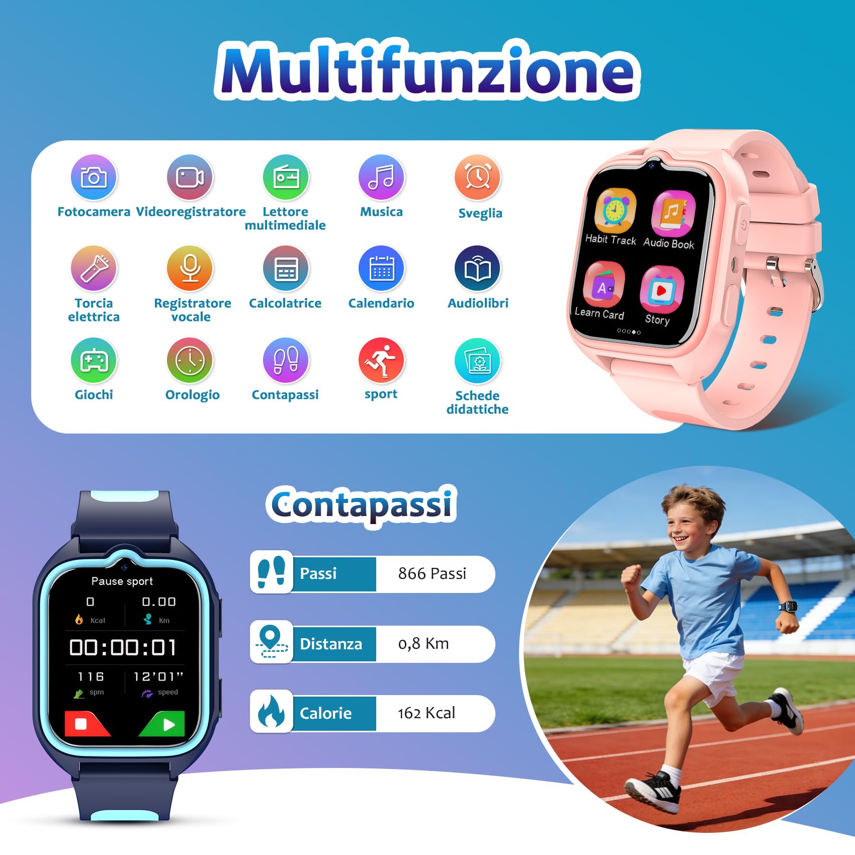 Blackview Smartwatch per Bambini, 1.75 inch TFT Smartwatch 30 Giochi, Sveglia, Fotocamera Touch HD, Video, Lettore Musicale, Contapassi, Torcia, Smartwatch per Bambini con Schermo Touch per Bambini