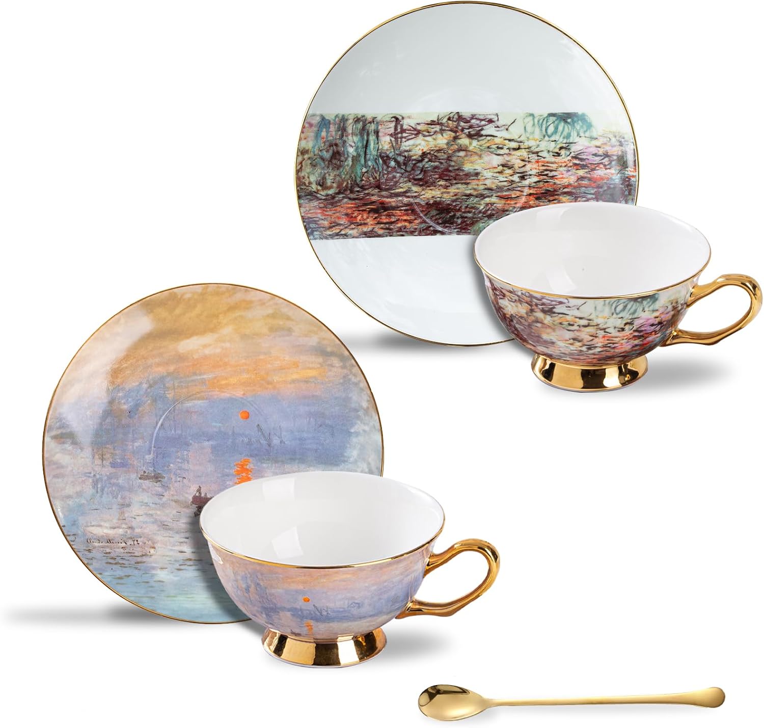 Coffee Cup Bone China Coffee & Tea Cup and Saucer Set with Spoon and Gift Box, Porcelain Cappuccino Cups, Perfect for Tea Parties, Set of 2 (Sunrise & Water Lilies 1917)