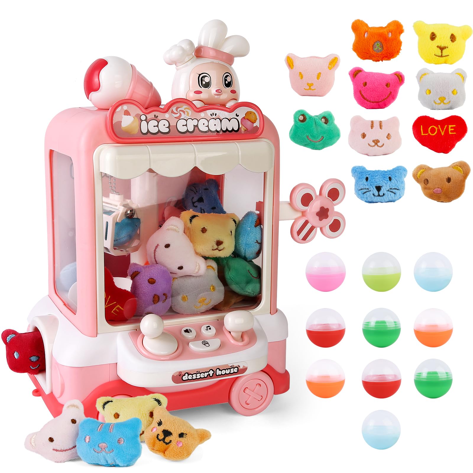 Varrotoy Claw Machine for Kids, Cute Rabbit Doll Grabber with Adjustable Music, Arcade Game with 10 Plush Toys and 10 Twist Eggs, Birthday for Girls Boys Ages 3-8